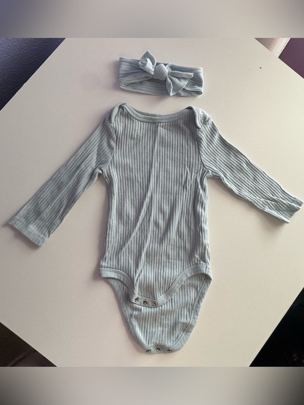 cloud island Ribbed Long-Sleeve One-Piece with Knotted Headband - Sage Green